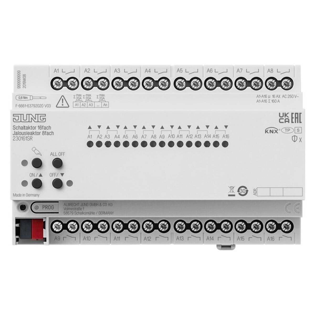 Weißes JUNG KNX Jalousieaktor-Modul mit mehreren Schraubklemmen und beschrifteten Kanalanzeigen zur Steuerung von Jalousien oder Rollläden.