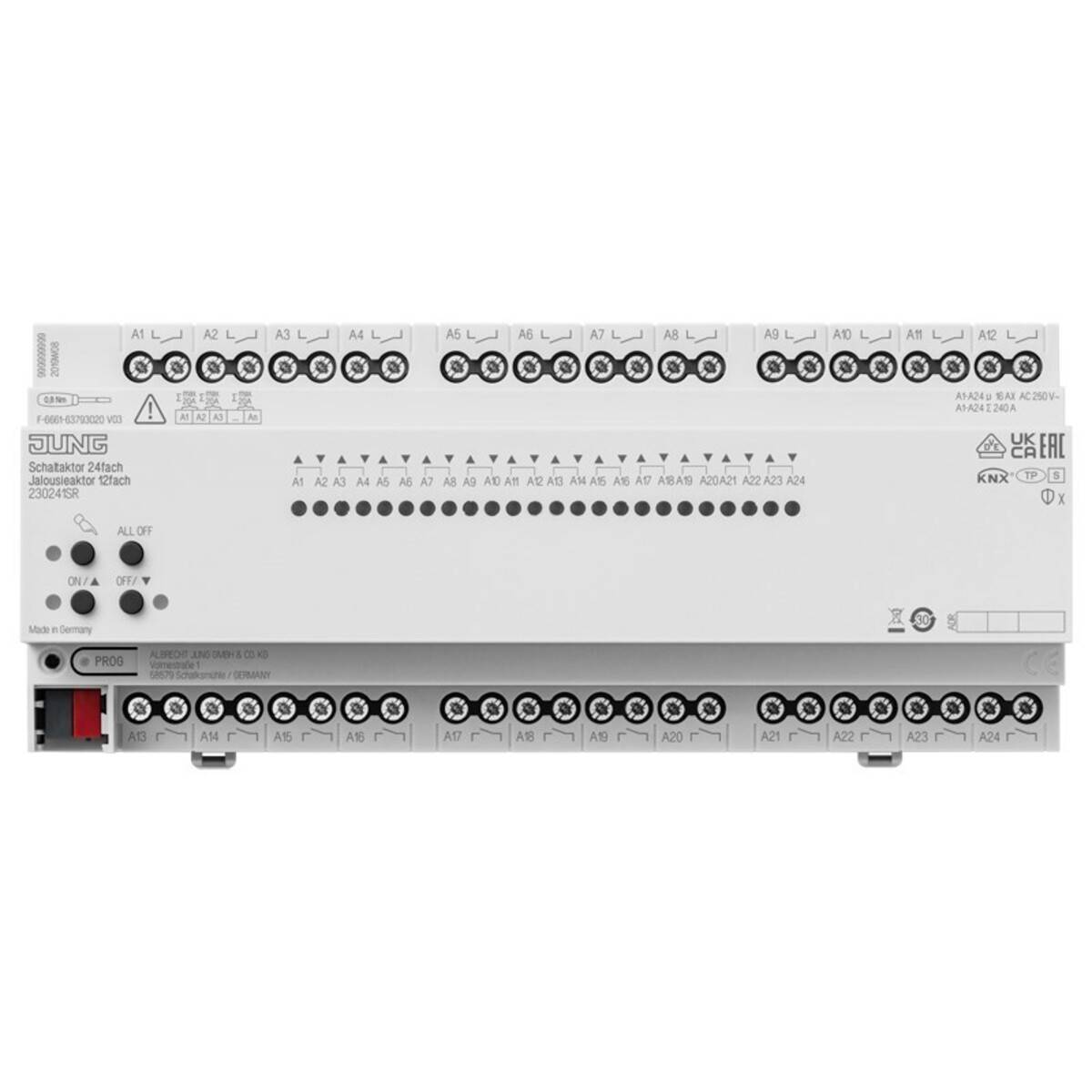Vorderansicht eines JUNG KNX-Aktors mit Reihen von beschrifteten Schraubklemmen, Status-LEDs und einer roten Verriegelung unten links.