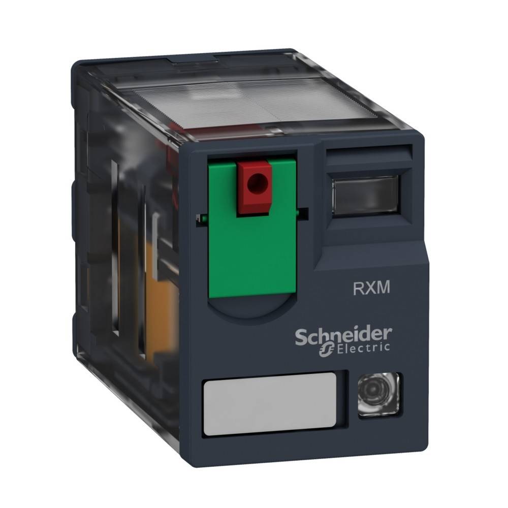 Schneider Electric RXM Relais, quadratisch mit transparentem Gehäuse, grünen und roten Tasten; verwendet in elektrischen Systemen zur Schaltungssteuerung.