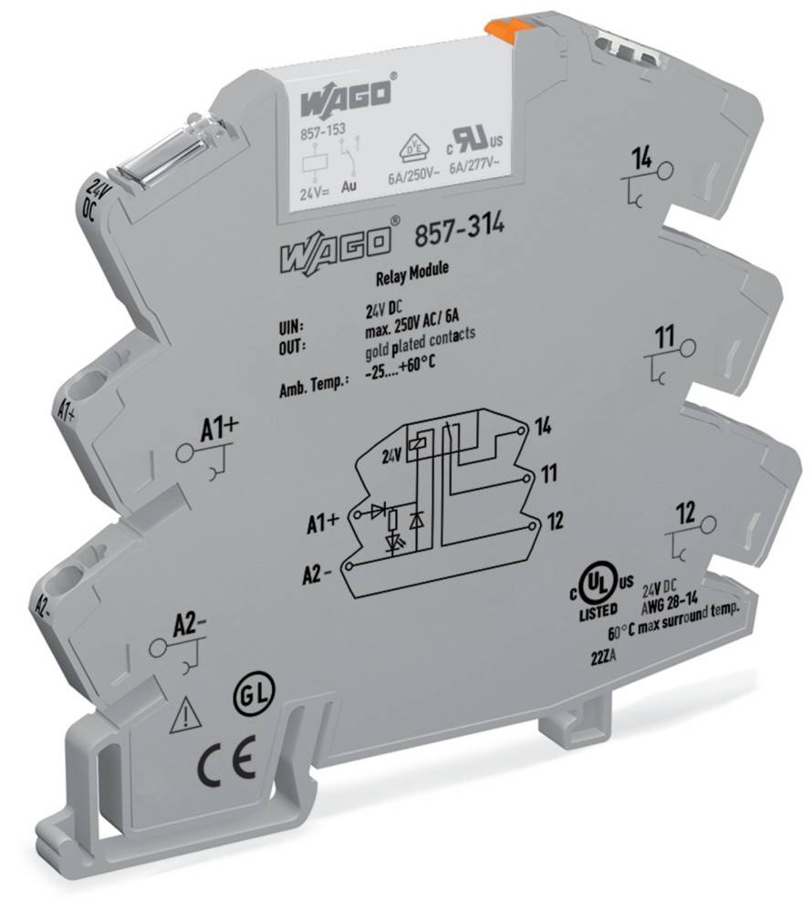 Relaismodul mit verschiedenen beschrifteten Anschlusspunkten; umfasst Produktdetails wie Spannung (24V DC), Stromstärke (6A) und Zertifizierungen.