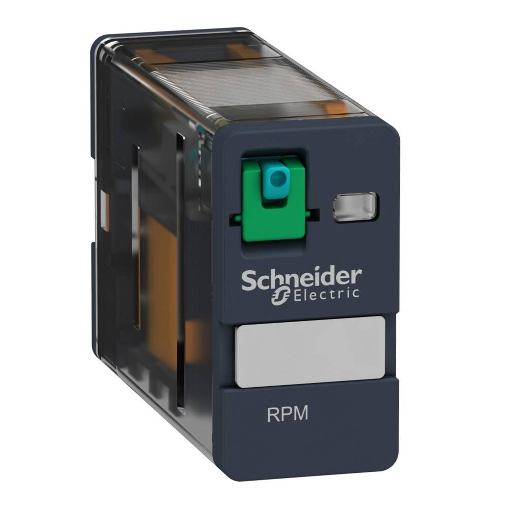 Miniaturrelais von Schneider Electric mit 'RPM'-Beschriftung in schwarzem Gehäuse mit transparentem Deckel, mit grüner Taste und Firmenlogo.