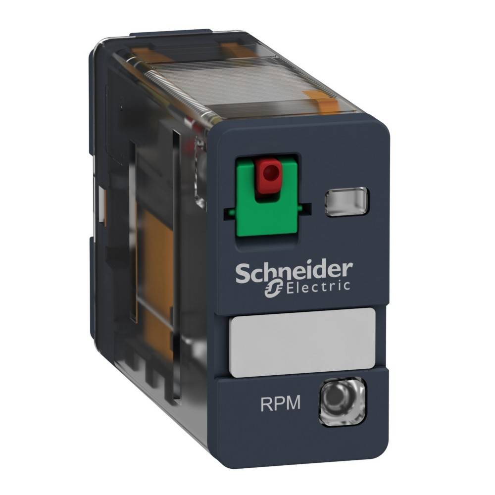 Ein Schneider Electric RPM-Relais mit transparentem Außengehäuse, das die internen Komponenten zeigt; es verfügt über einen roten und einen grünen Knopf auf der Oberfläche.