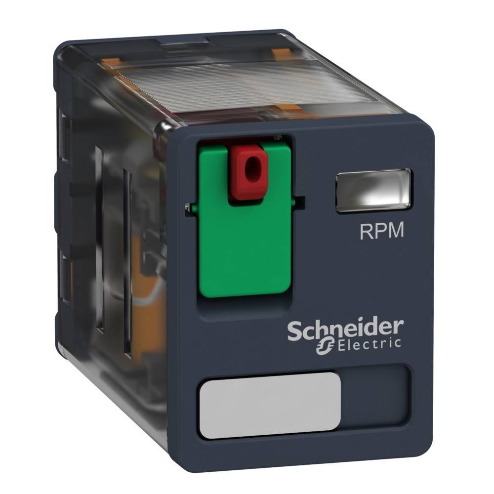 Ein transparenter elektrischer Relais von Schneider Electric, der einen grünen Hebel zeigt und mit 'RPM' beschriftet ist.