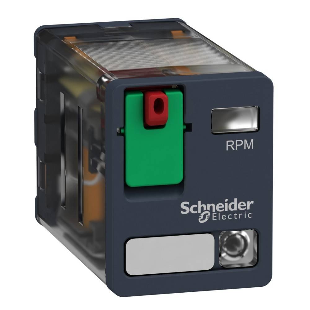 Schneider Electric Relaismodul, schwarz mit grünem Taster und RPM-Beschriftung, verwendet in elektrischen Installationen für Steuerungs- und Automatisierungssysteme.