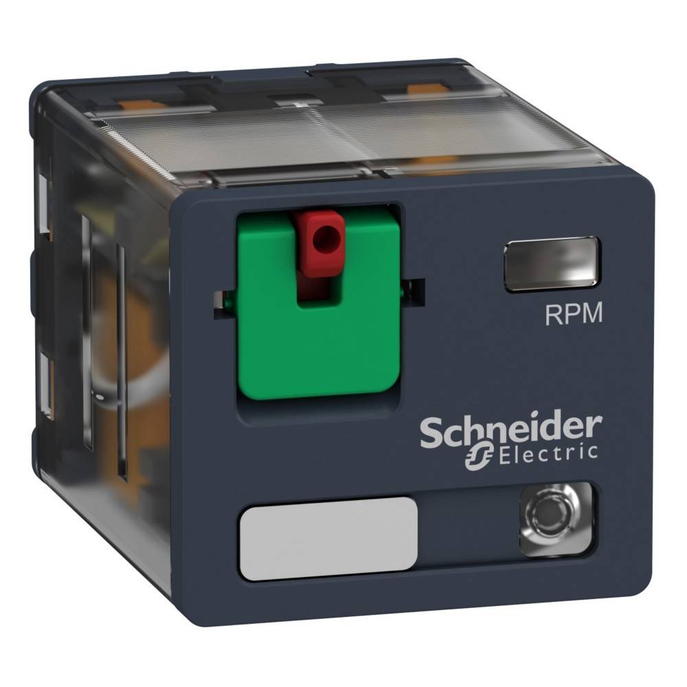 Schneider Electric Relais mit einem schwarzen und grauen Gehäuse, grünem und rotem Schalter, beschriftet mit 'RPM', verwendet in elektrischen Anwendungen.