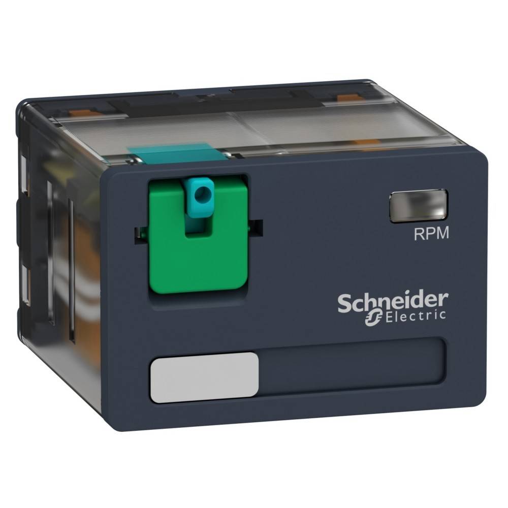 Rechteckiges Schneider Electric-Gerät mit 'RPM'-Beschriftung, ausgestattet mit einem grünen Schalter und transparentem Deckel, der Innenkomponenten sichtbar macht.