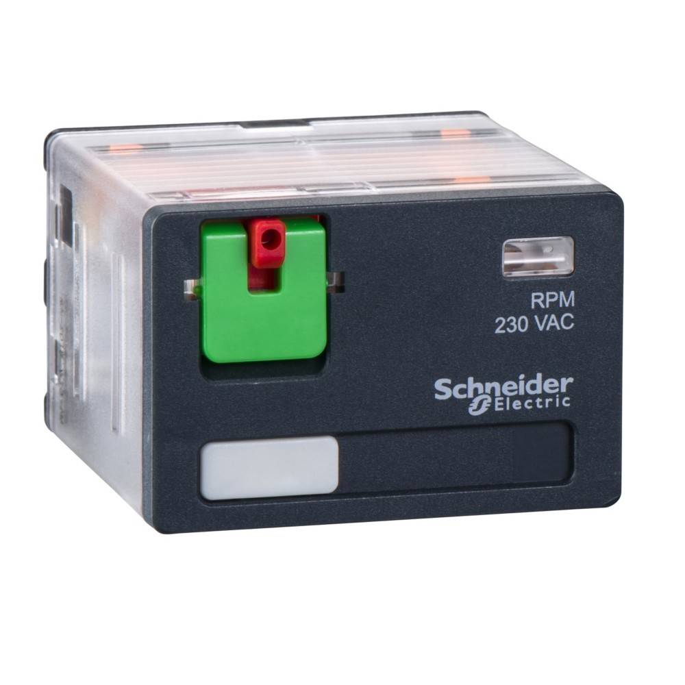 Ein Schneider Electric Relais mit der Beschriftung 'RPM 230 VAC', das einen grünen und roten Knopf auf einem schwarz-grauen Gehäuse aufweist.