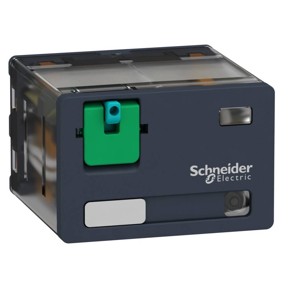 Kompaktes Schneider Electric Relais mit grünem Druckknopf und Markenlogo. Entwickelt für elektrische Steuerungssysteme mit Fokus auf Effizienz.