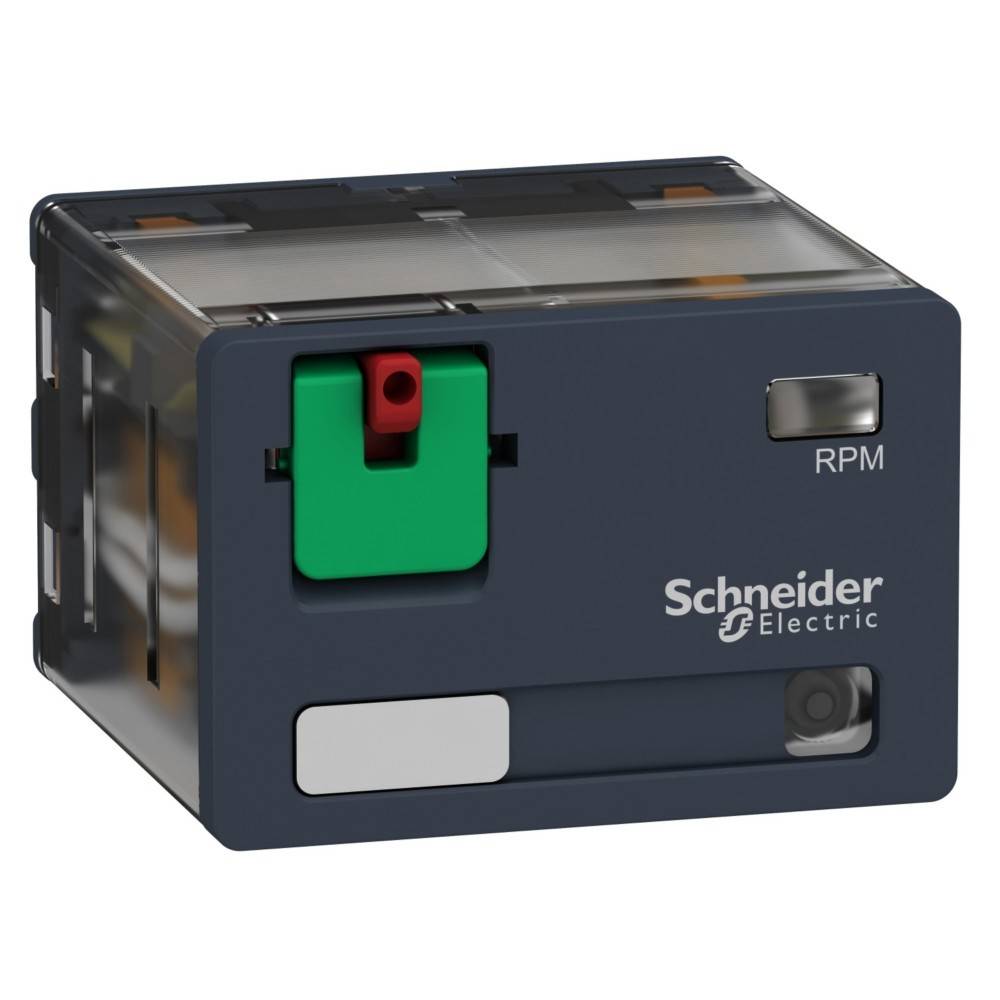 Ein Schneider Electric Relais mit einem transparenten Gehäuse, das die internen Komponenten zeigt. Es verfügt über einen roten und grünen Sicherheitshebel, der mit 'RPM' beschriftet ist.
