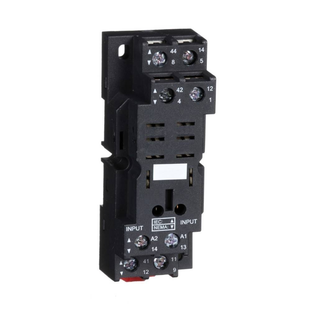 Eine schwarze elektrische Relaisanschlussbuchse mit mehreren Anschlusspunkten und Beschriftungen für Ein- und Ausgänge, die zum Anbringen von Relais verwendet wird.