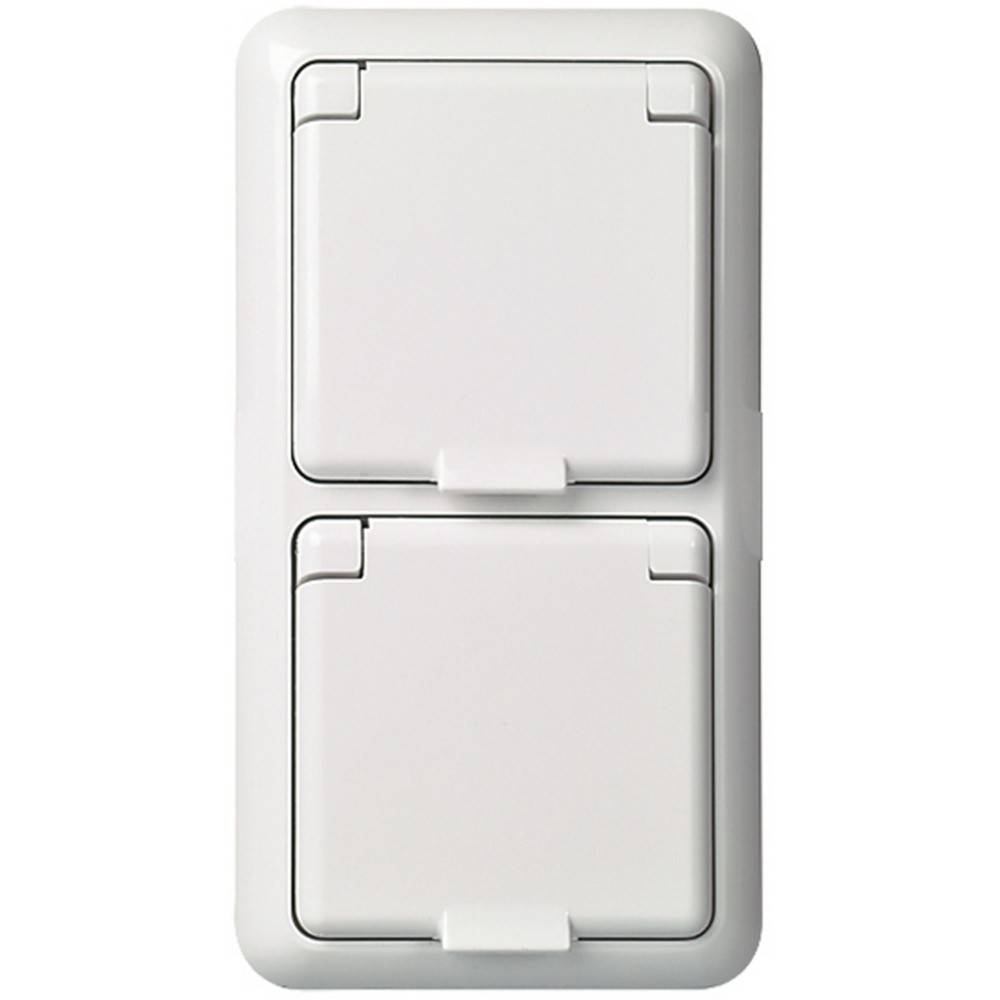 Ein weißer Doppelwandschalter mit Schutzabdeckungen, konzipiert zur Steuerung elektrischer Geräte.