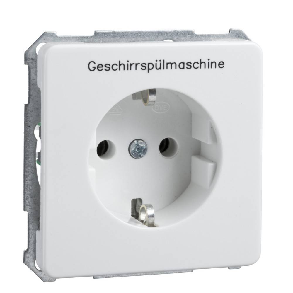 Europäische Steckdose mit der Beschriftung 'Geschirrspülmaschine', die angibt, dass sie für eine Geschirrspülmaschine vorgesehen ist.
