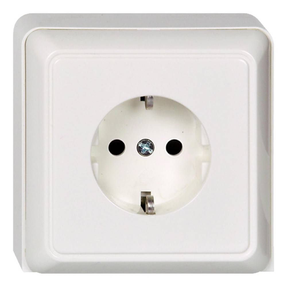 Eine weiße elektrische Wandsteckdose mit einer runden Buchse, die für europäische Stecker ausgelegt ist.
