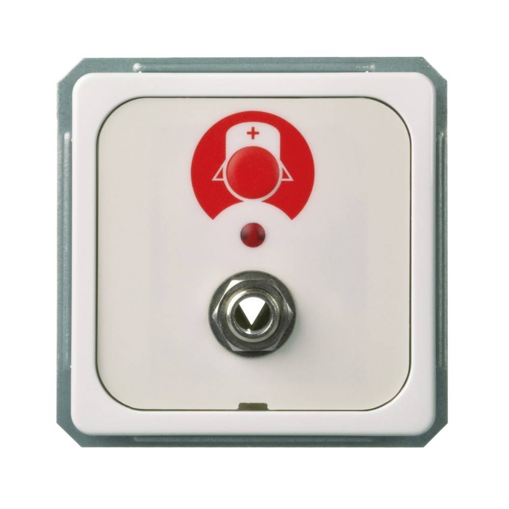 Ein wandmontierter Krankenpflege-Rufknopf mit einem roten Krankenpflegesymbol oben und einem roten Leuchtmelder darunter.