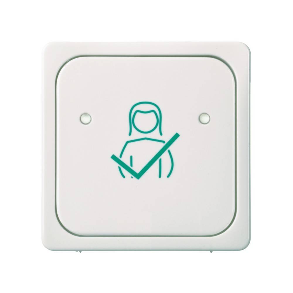 Ein weißer Elektroschalter mit einem Symbol einer Person und einem Häkchen, was Zustimmung oder Aktivierung anzeigt.