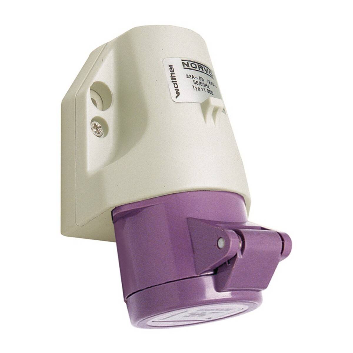 Wetterfeste Steckdose, 230V, 32A, Aufputzmontage, mit violettem Verschlussdeckel, entwickelt für industrielle Stromverbindungen.