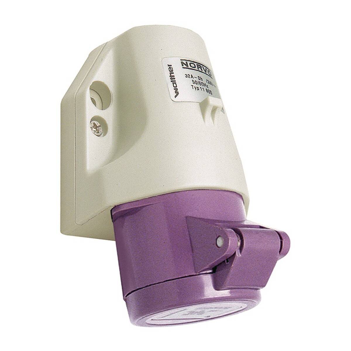 Ein weiß-lila industrieller Elektrostecker, der an einer Wand montiert ist und für Hochspannungsverbindungen in industriellen Umgebungen verwendet wird.