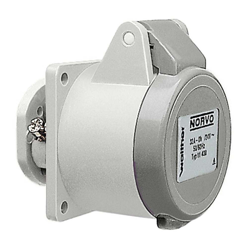 Eine wandmontierte Elektro-Steckdose mit Schutzabdeckung, beschriftet mit 'Norvo'. Sie ist für den industriellen Einsatz mit einer Kapazität von 240V, 50Hz ausgelegt.
