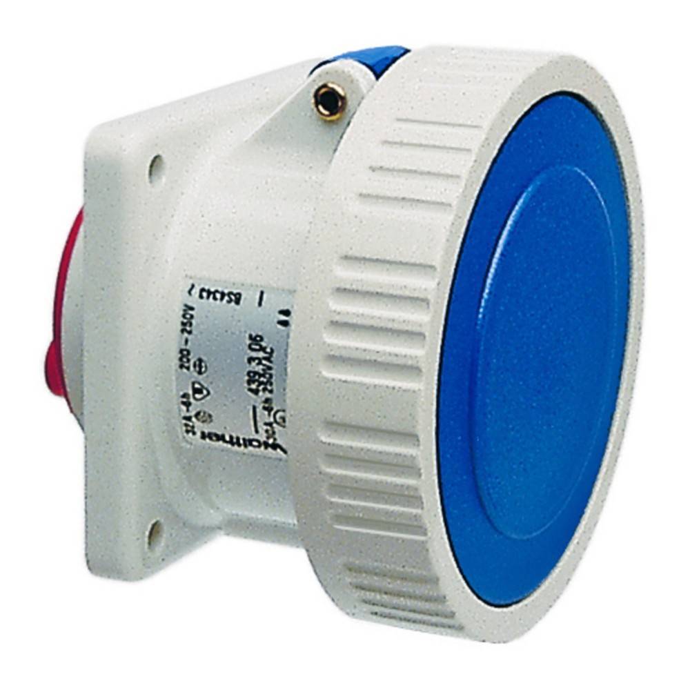 Ein blau-weißer elektrischer Verbinder mit rundem Design, ausgestattet mit einer Schraube zur Befestigung.