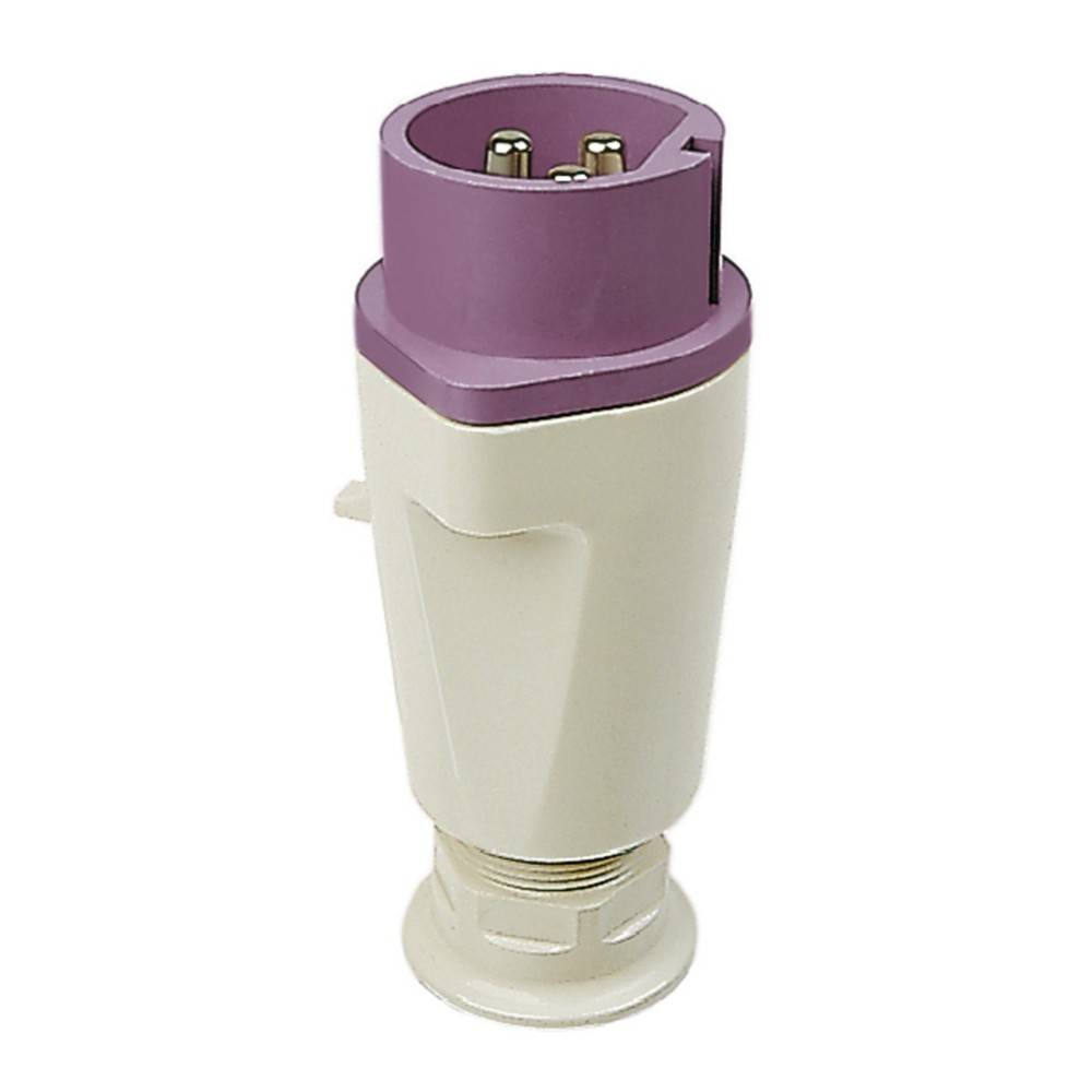 Elektrischer Verbinder mit lila Oberseite und Metallstiften, verwendet für industrielle Stromverbindungen.