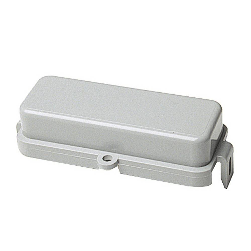 Weißes rechteckiges Kunststoffgehäuse mit Klappdeckel, das üblicherweise zur Unterbringung von elektronischen Bauteilen oder Verdrahtungsverbindungen verwendet wird.