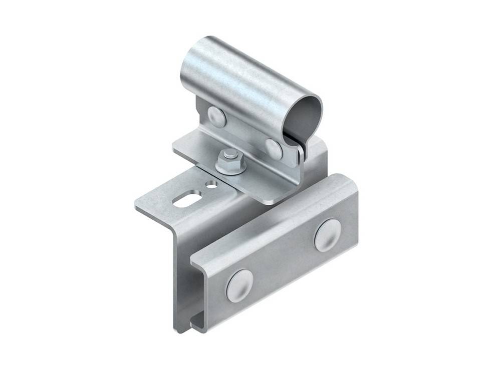 Eine Metallhalterung mit einem zylindrischen Halter und einer flachen Basis, die zum Befestigen von Rohren oder Stangen verwendet wird. Das Design umfasst Schrauben zur Befestigung.