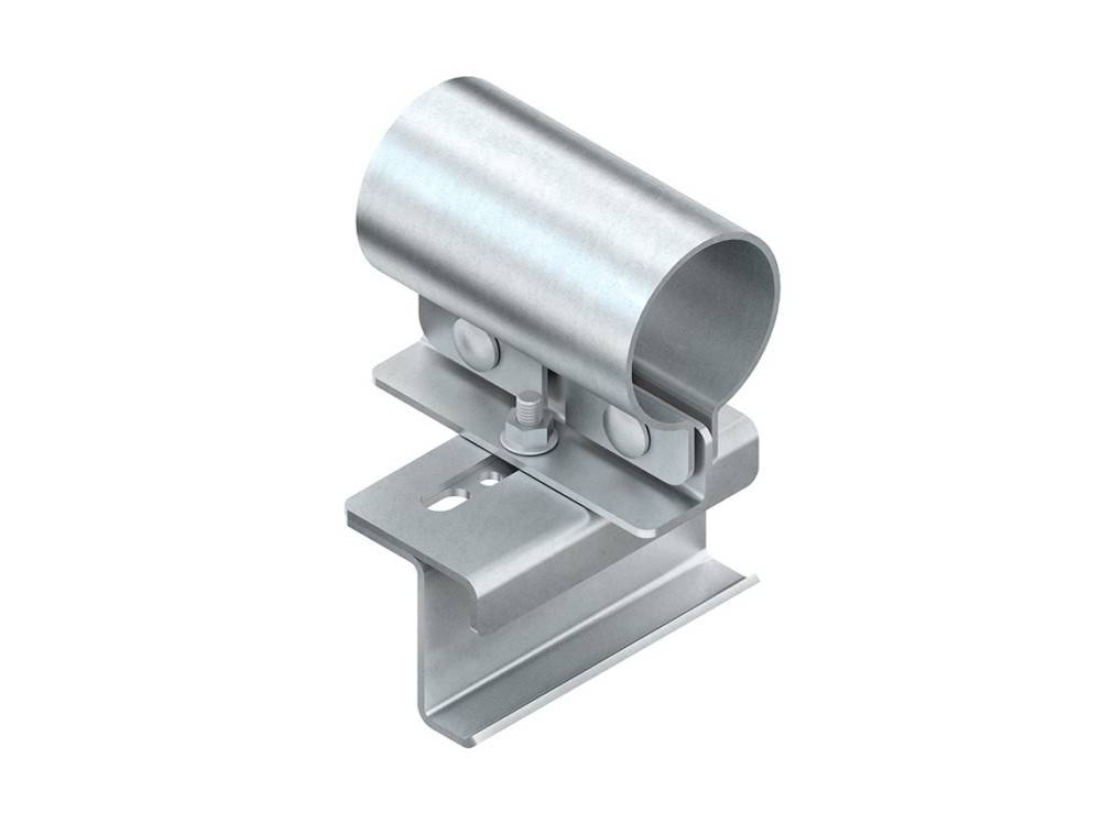 Eine Metallrohrschelle mit Basishalterung, die zum Befestigen von Rohren im Bau- oder Sanitärbereich verwendet wird.