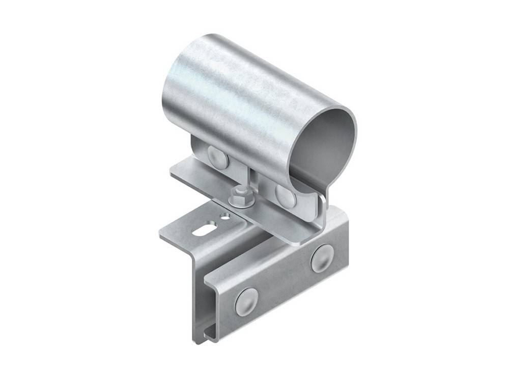 Metallrohrhalterungsbefestigung, die einen zylindrischen Halter auf einer flachen Basis mit Befestigungslöchern zeigt, verwendet zum Sichern von Rohren.