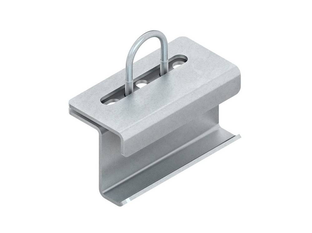 Eine Metallklemme mit einem U-Bolzen, die zum Sichern oder Festhalten von Gegenständen konzipiert ist und eine industrielle Gestaltung mit klaren Linien aufweist.