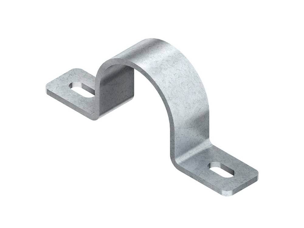 Eine U-förmige Metallhalterung mit zwei flachen Enden, die Löcher zur Befestigung aufweisen und häufig verwendet wird, um Rohre oder Kabel an Oberflächen zu sichern.