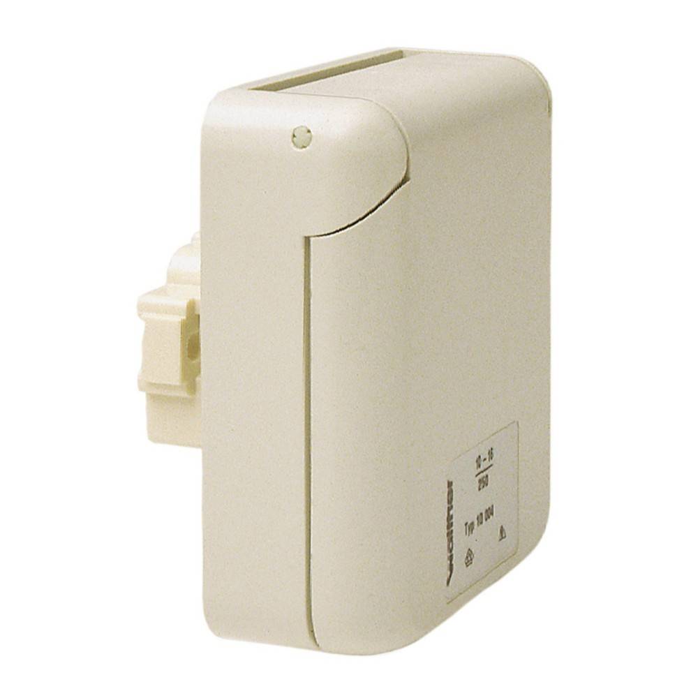 Ein weißes elektronisches Gerät mit rechteckiger Form und einer kleinen Anhaftung an der Seite, möglicherweise ein Sensor oder ein Schaltmechanismus.