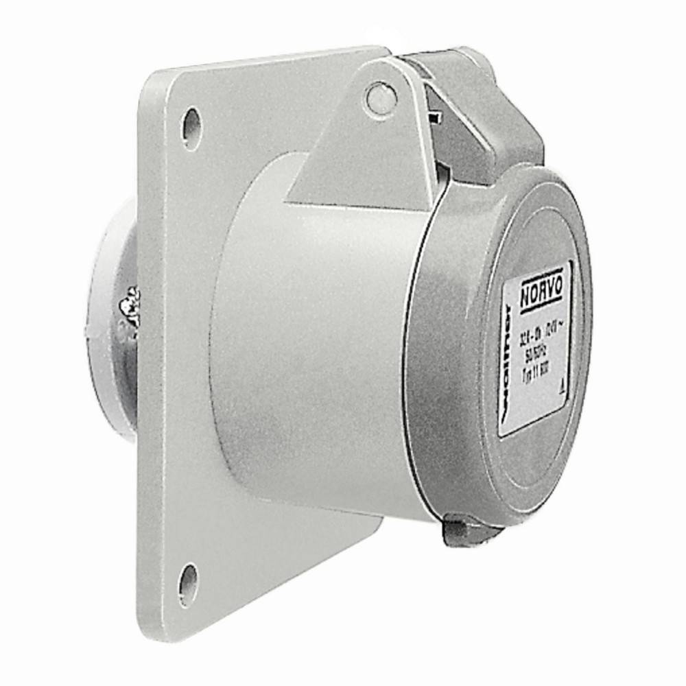 Eine graue industrielle Steckdose mit Schutzdeckel, die auf einer quadratischen Grundplatte montiert ist. Die Beschriftung 