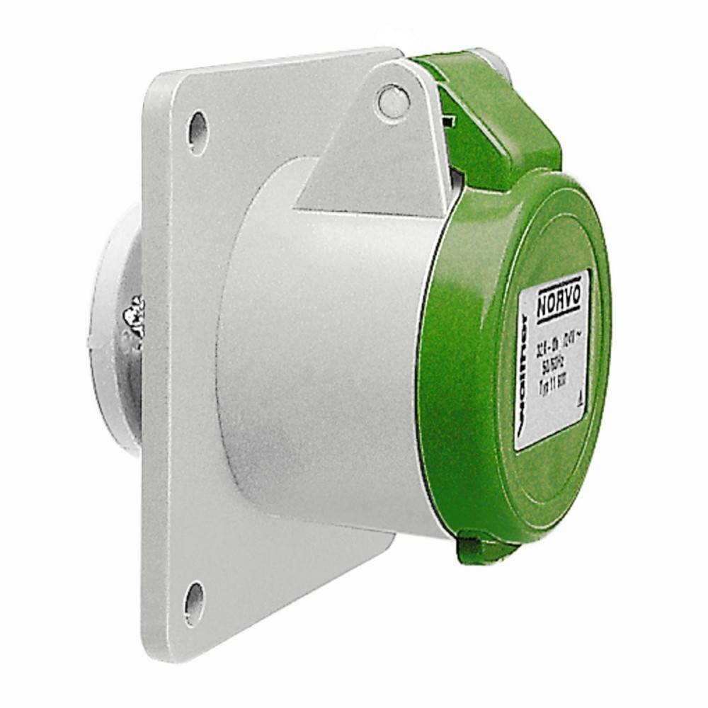 Industrielle Stromsteckdose, montiert auf einer quadratischen Metallplatte, mit grünem Gehäuse und Beschriftung 230V, geeignet für Installationen vom Typ 1.