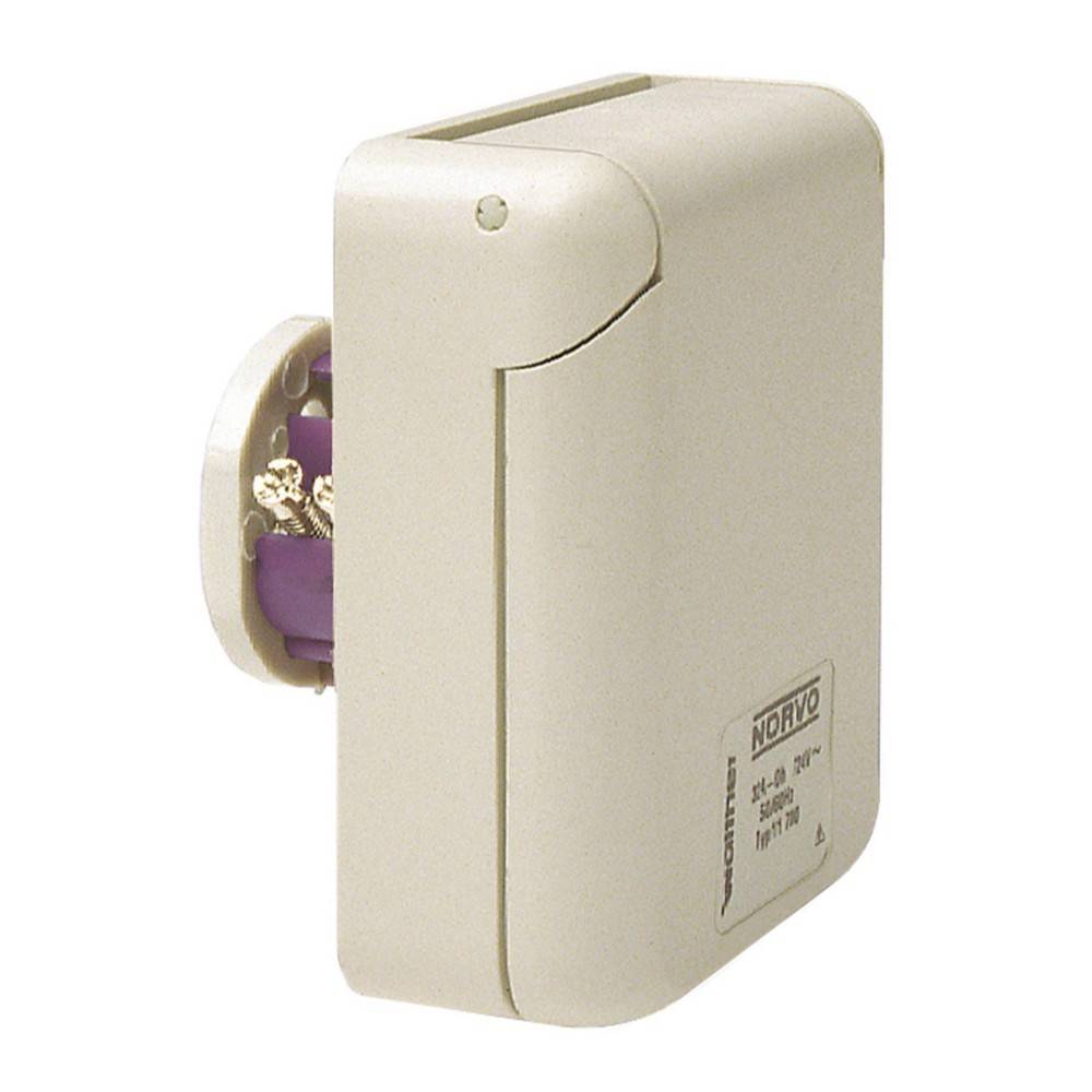 Ein weißes, wandmontiertes Gehäuse mit einer Klappabdeckung, das elektrische Leitungen für ein violettes Gerät im Inneren beherbergt, gekennzeichnet mit 'Noryo'.