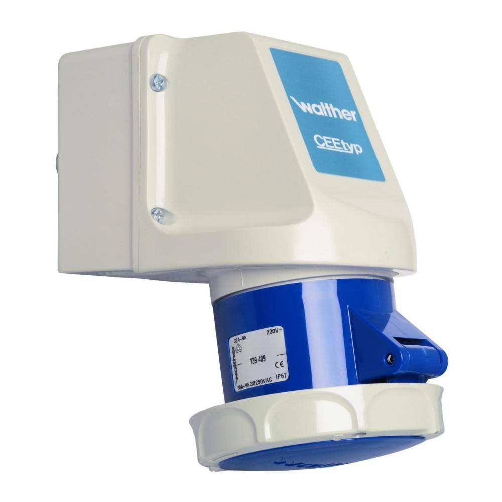 Ein weiß-blauer industrieller elektrischer Anschluss mit der Bezeichnung 'walther CEEtyp', montiert auf einer quadratischen Basis.