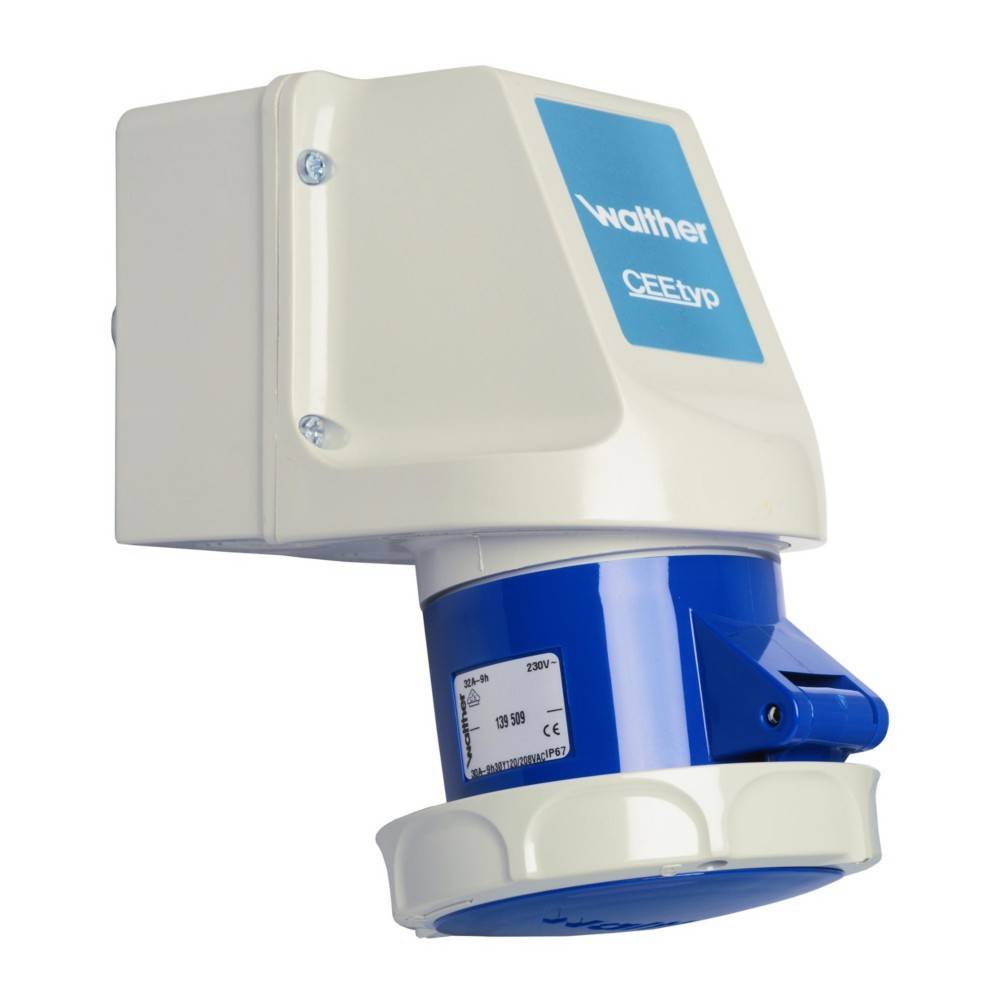 Industriestecker mit blauem Anschluss und weißer Abdeckung, mit Beschriftung 