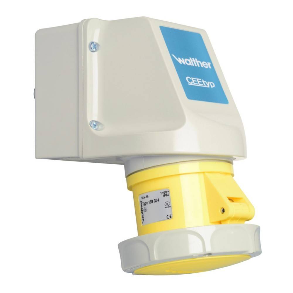 Dreiphasen-Steckverbinder mit 'Walther'-Branding, ausgestattet mit einer gelben Buchse und grauem Gehäuse, verwendet für elektrische Stromverteilung.