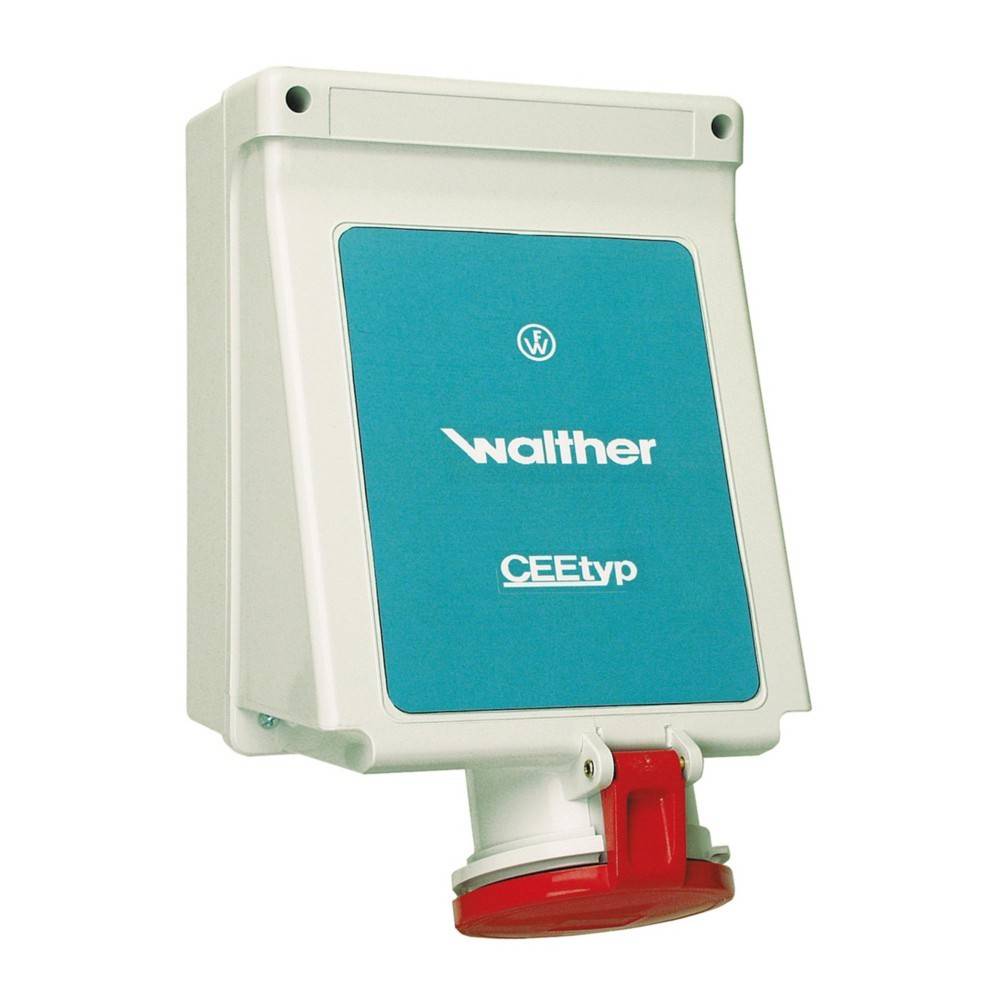 Elektrische Steckdosenabdeckung mit 'Walther'- und 'CEEtyp'-Logos, ausgestattet mit einer geschlossenen roten Schutzkappe am unteren Ende.