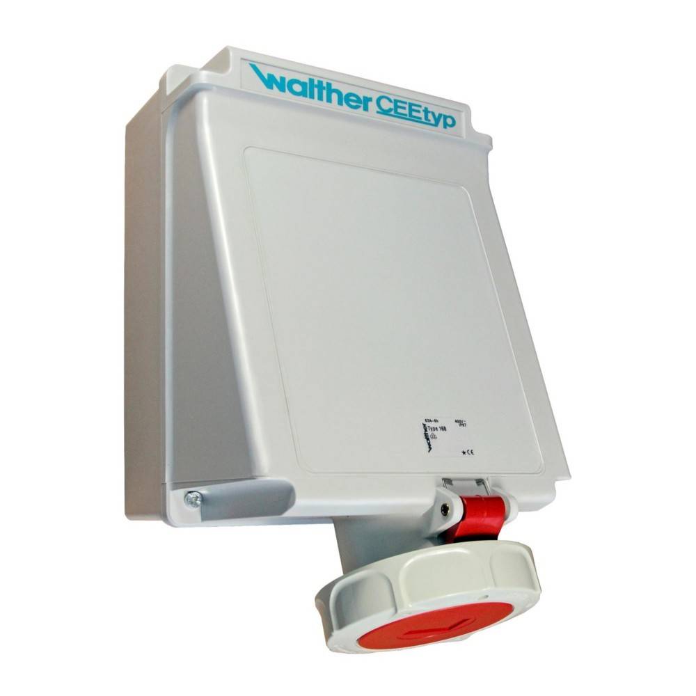 Elektrische Steckdosenbox mit der Markenbezeichnung 'Walther CEE-Typ', versehen mit einer Klappabdeckung und einem runden, roten Stecker, montiert auf einer beigen Platte.
