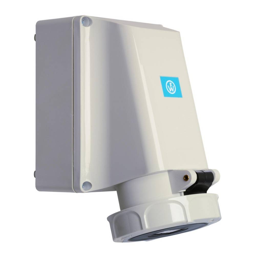 Eine weiße, witterungsbeständige Elektroverteilerdose mit einem blauen Symbol an der Seite, die im Freien montiert ist und dazu dient, Stromsteckdosen und elektrische Anschlüsse zu schützen.