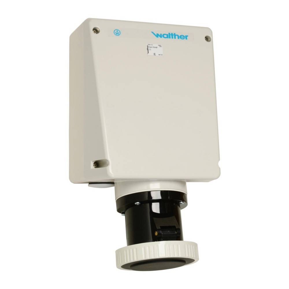 Eine industrielle rechteckige beige Gehäuse mit einem schwarzen Drehwahlschalter unten, auf der Vorderseite mit blauem Text 'Walther' beschriftet.