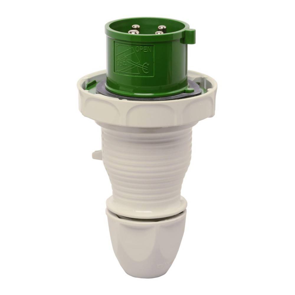 Ein weißer und grüner elektrischer Anschluss mit einer zylindrischen Form und vier Pins, die an der grünen Seite sichtbar sind.