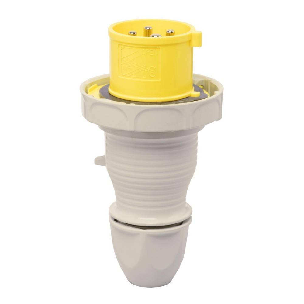 Ein gelber und grauer Elektroanschluss mit mehreren Pins für industrielle Anwendungen, mit einer gerippten Oberfläche für besseren Griff.