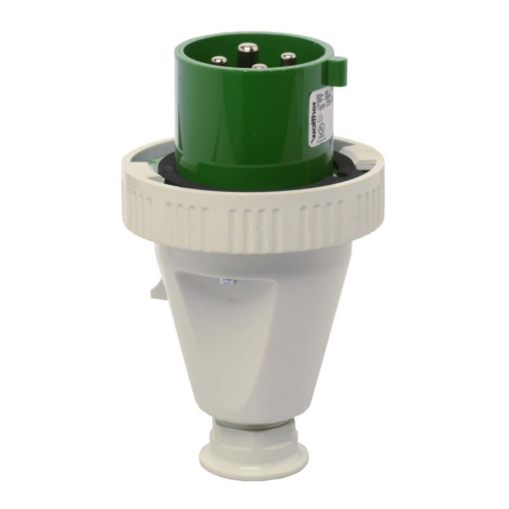 Ein weißer und grüner industrieller Stromstecker-Adapter mit einer zylindrischen Konstruktion und einem sichtbaren Metallstift-Anschluss an der Oberseite.