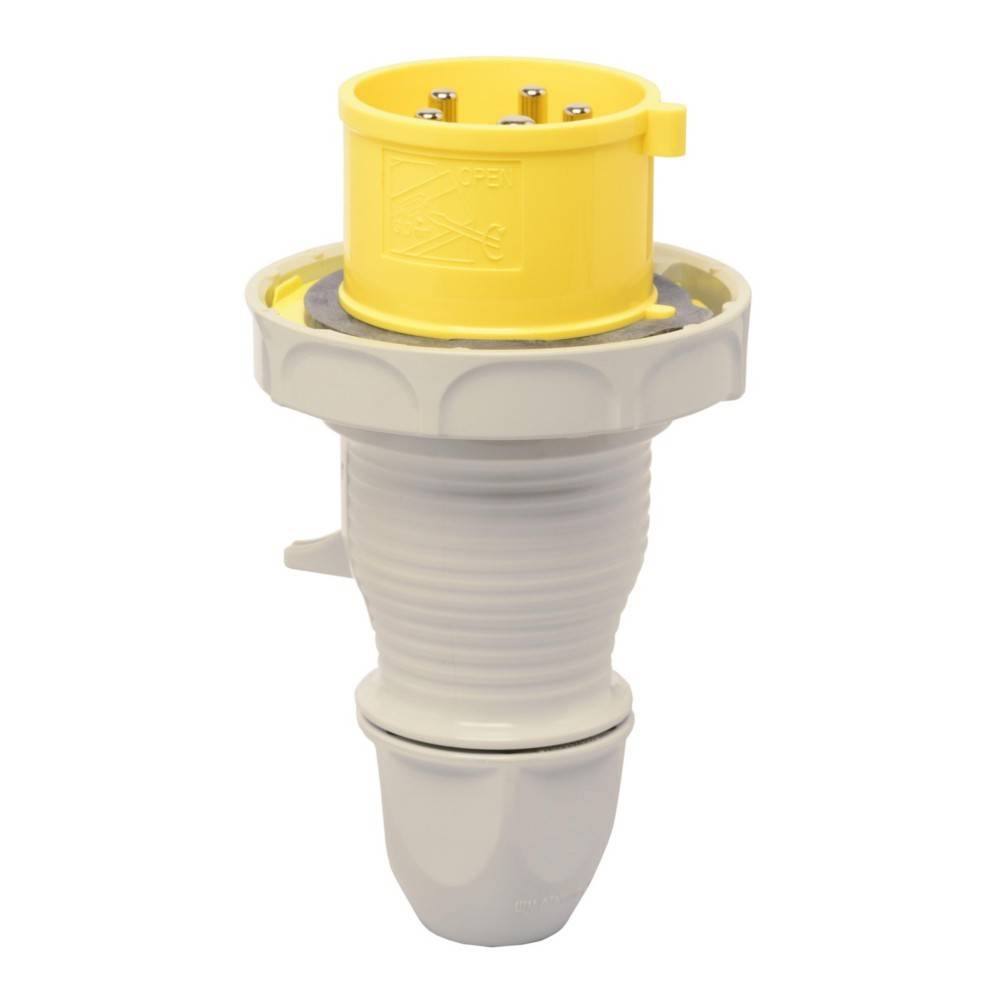 Ein gelber und grauer industrieller Stromstecker mit einer kreisförmigen Basis, die mehrere Metallstifte aufweist und für robuste elektrische Verbindungen konzipiert ist.