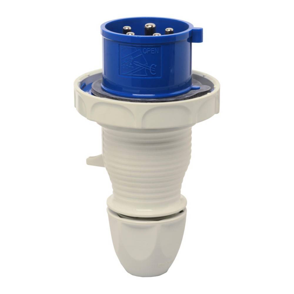 Ein weißer und blauer industrieller Elektrostecker mit sieben Pins, der für sichere Verbindungen in Hochleistungsanwendungen konzipiert ist.