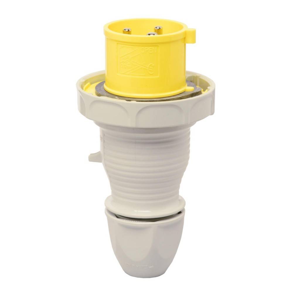 Ein gelber Industriestecker auf weißem Hintergrund, mit grauem Gehäuse und drei Metallstiften oben, der für elektrische Verbindungen verwendet wird.