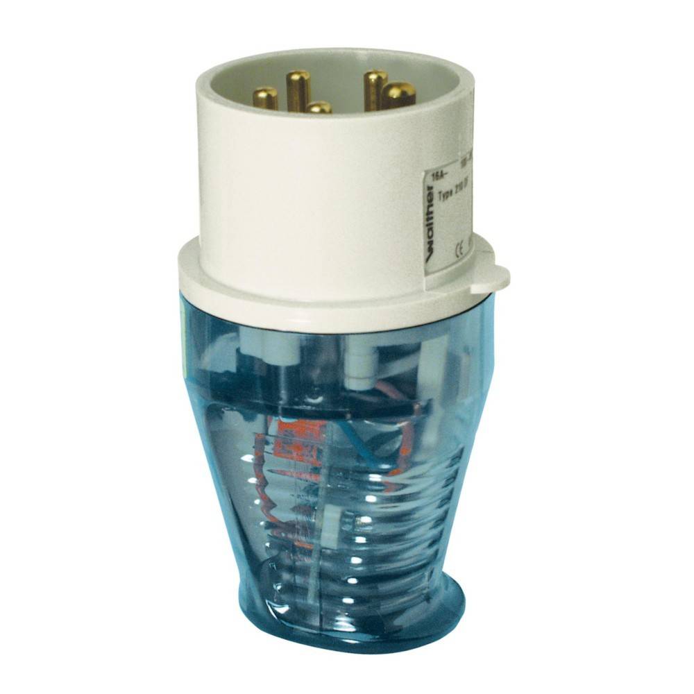 Ein transparenter Stecker mit weißem Kopf und Metallstiften, der Innenkomponenten zeigt und für elektrische Verbindungen verwendet wird.