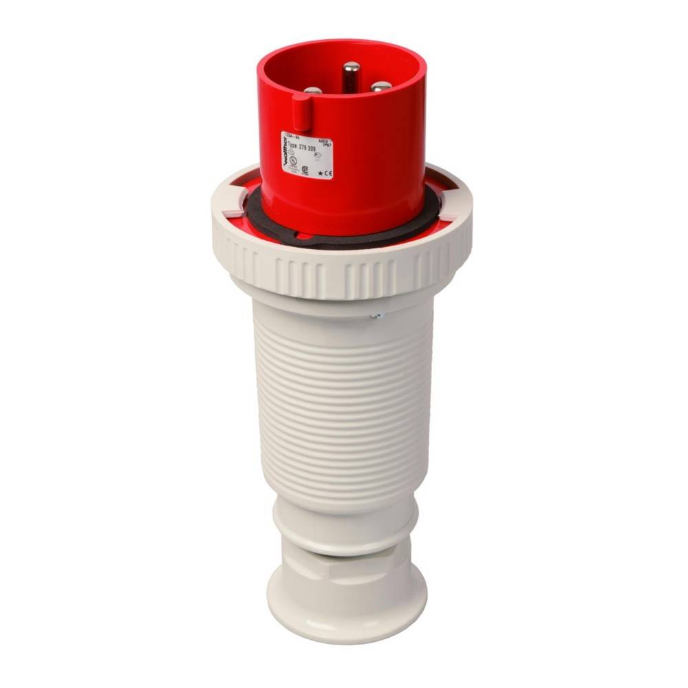 Ein robuster industrieller Stecker mit rotem Deckel und weiß geripptem Gehäuse, konzipiert für Hochspannungsverbindungen.