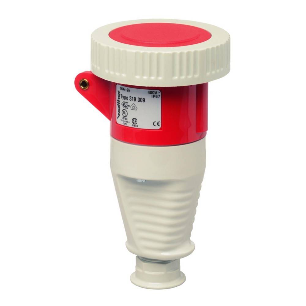 Ein roter und weißer industrieller Elektrostecker mit Schutzkappe und sichtbarem Spezifikationsetikett.